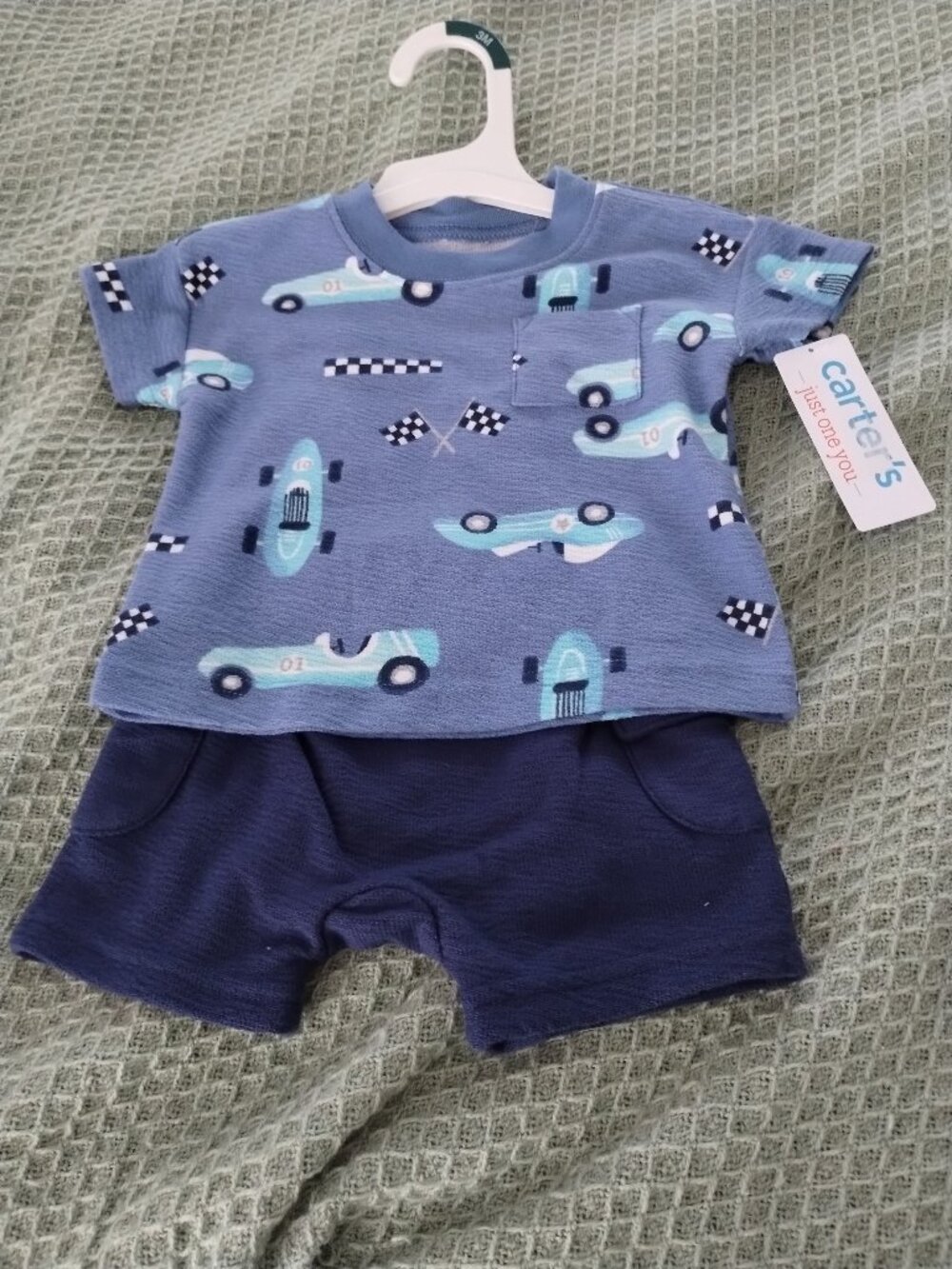 Carter's boy two piece outfit(blue shirt( race cars,etc.)/ blue shorts)